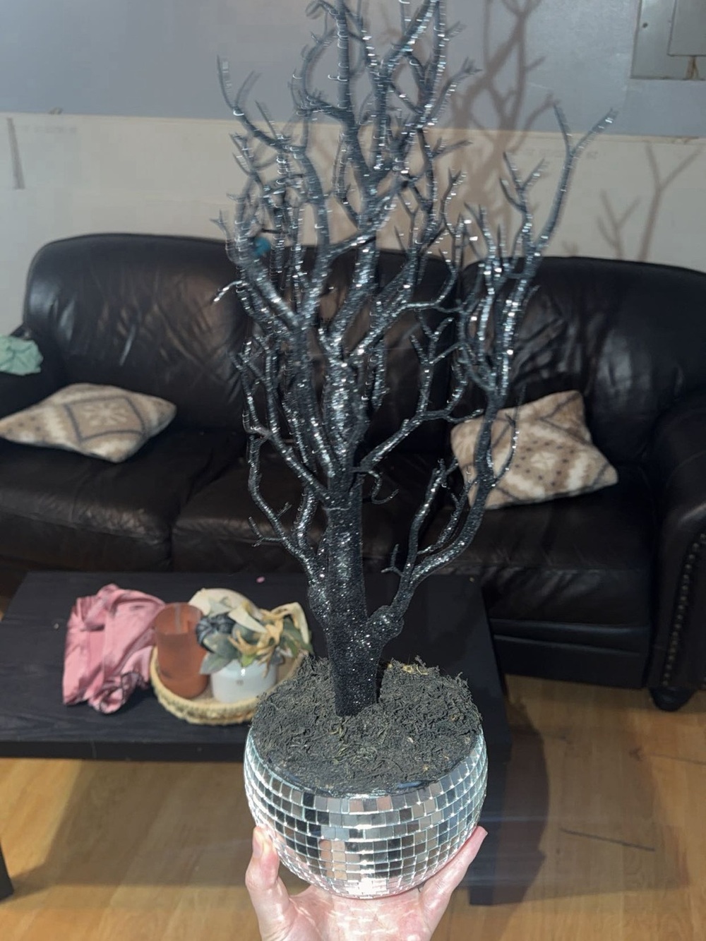 Black Glitter Decorative Branch Tree in Mirrored Pot - Unbranded